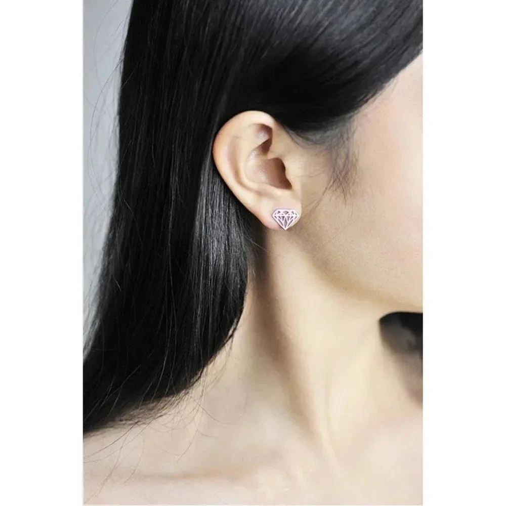 Women Hollow Diamond Earrings 925 Sterling‎ Silver Studs